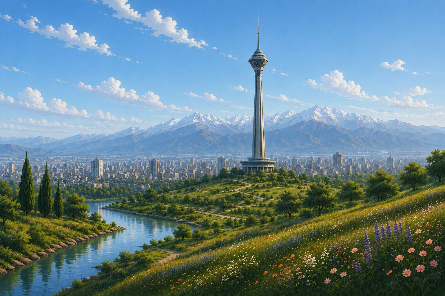 برج میلاد بر فراز تهران در غروب آفتاب، در دامنهٔ کوههای البرز